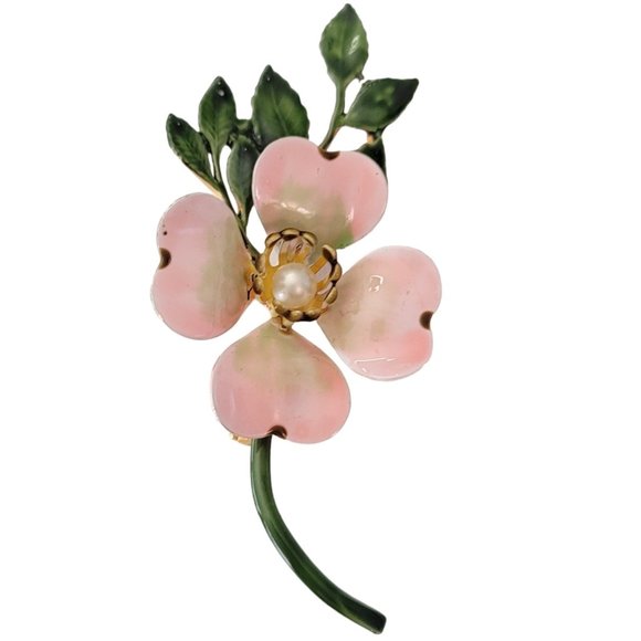 Original By Robert Pink Green Enamel Faux Pearl Dogwood Flower Stem Brooch E239 - Picture 2 of 11